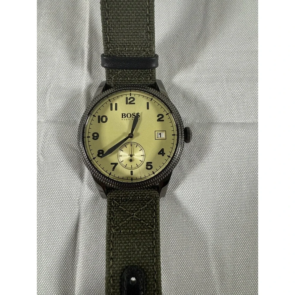 Hugo Boss Watch BOSS Legacy (Model 1513670) Olive Green Canvas Strap Cream Dial